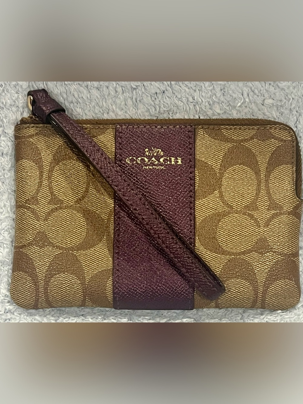 Coach Brown Signature Canvas Wristlet with Burgundy Leather Stripe